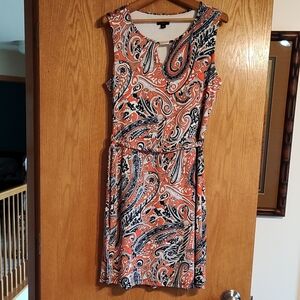 Women's Ann Taylor Drop Waist Belted Vibrant Orange /Blue/White Midi Dre…